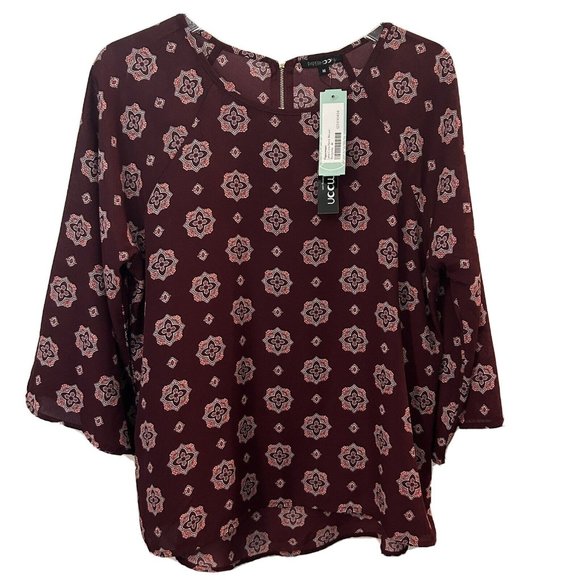 Papermoon Tops - Papermoon Size M Womens Blouse Larie Crew Neck Burgundy Print Loose Sleeves -NEW